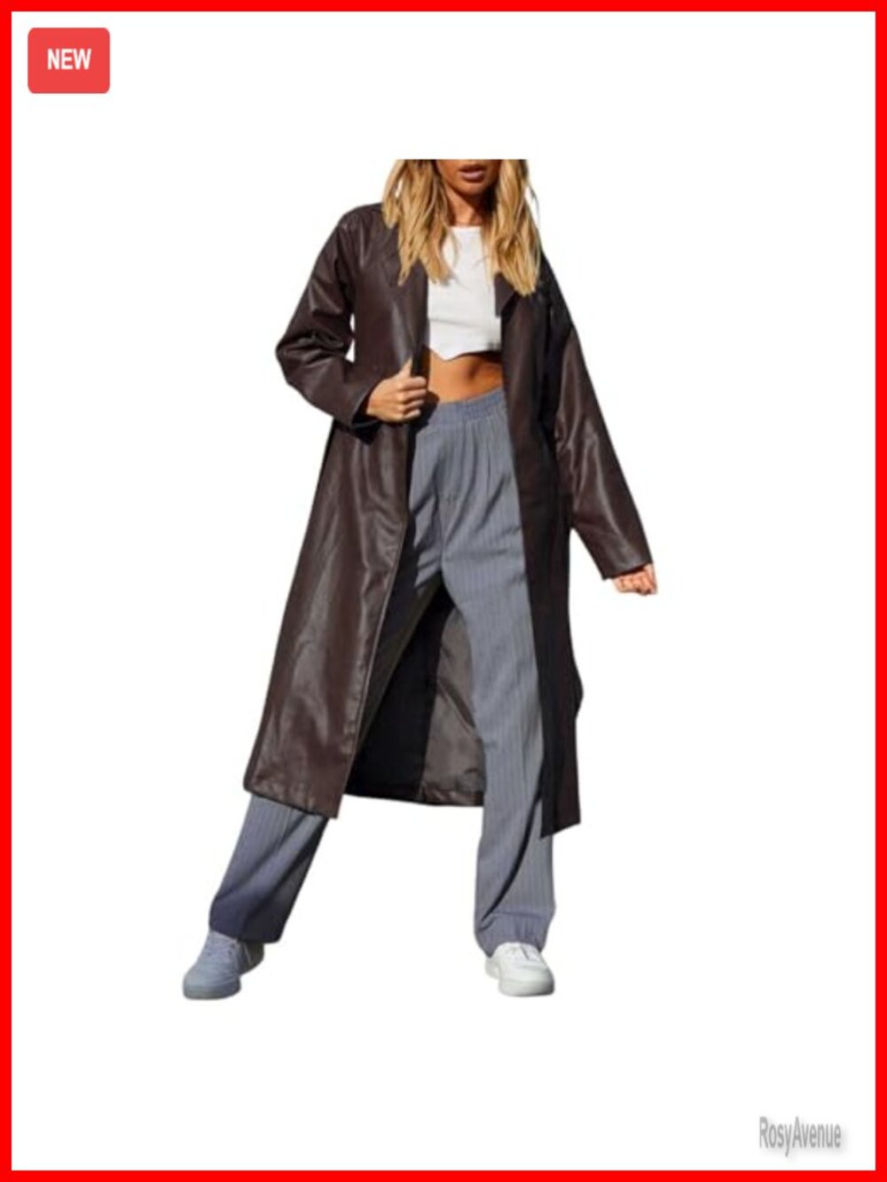 Women's Faux Leather Long Trench Coat with Belt Open Front Loose Fit